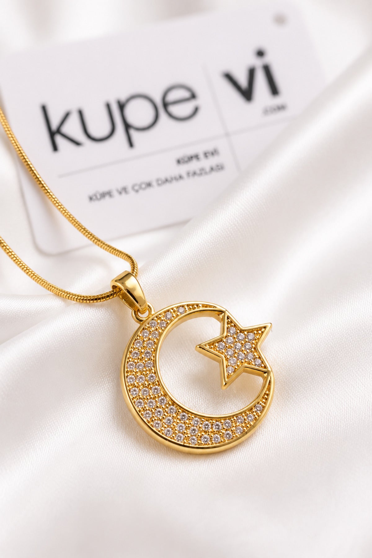 Ay Yıldız Zirkon Taşlı Çelik Kolye - Gold - ürün görseli