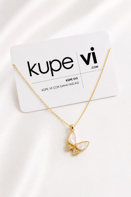 Kelebek Zirkon Taşlı Çelik Kolye - Gold
