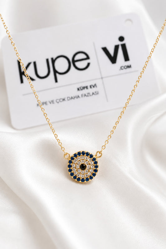 Nazar Boncuğu Zirkon Taşlı Kolye - Gold