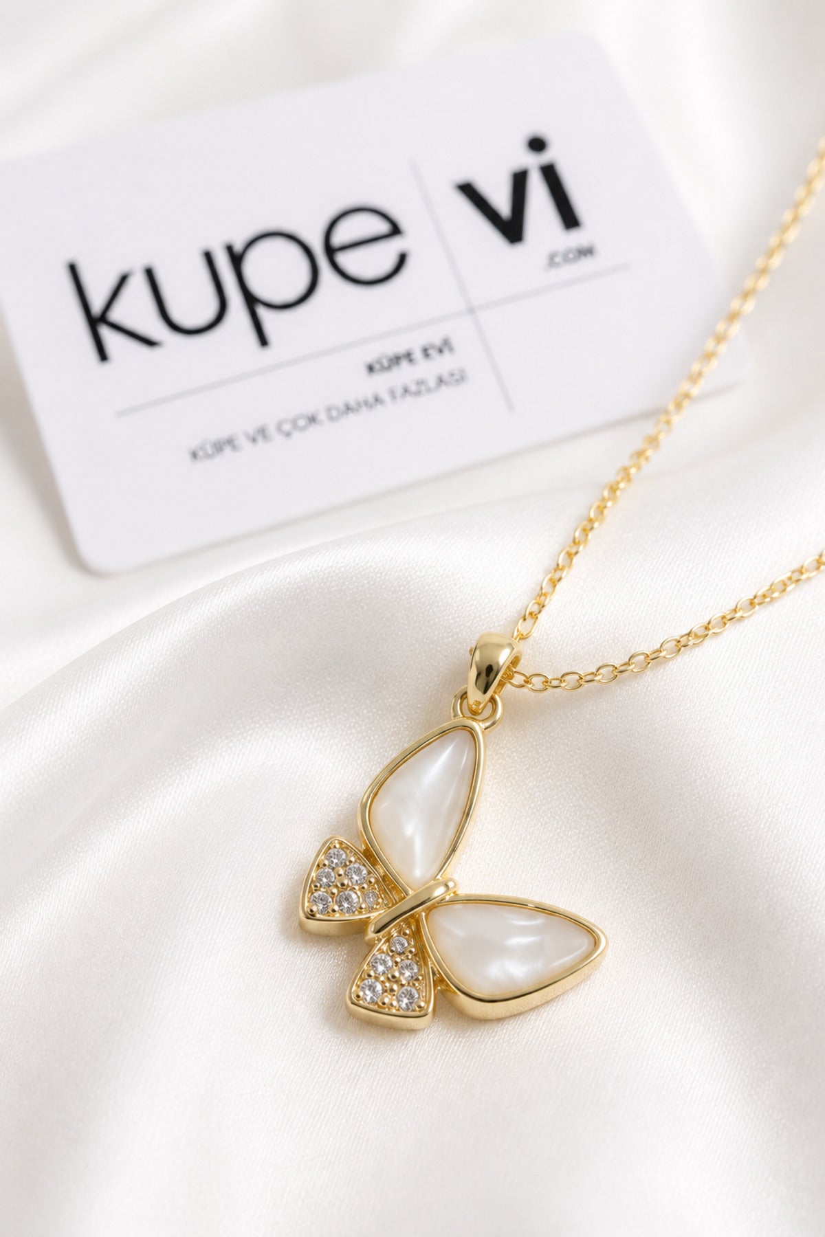Kelebek Zirkon Taşlı Çelik Kolye - Gold - ürün görseli