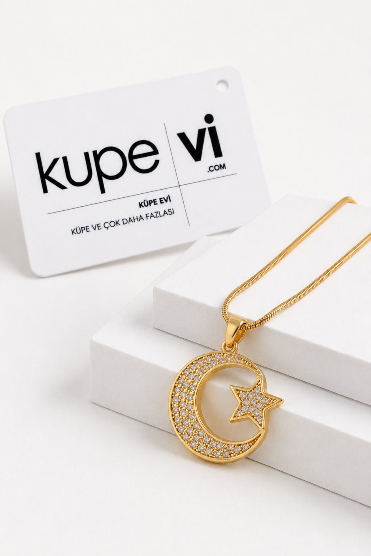 Ay Yıldız Zirkon Taşlı Çelik Kolye - Gold - ürün görseli