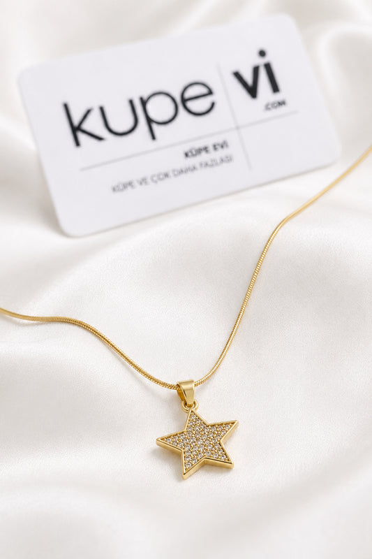Yıldız Zirkon Taşlı Çelik Kolye - Gold