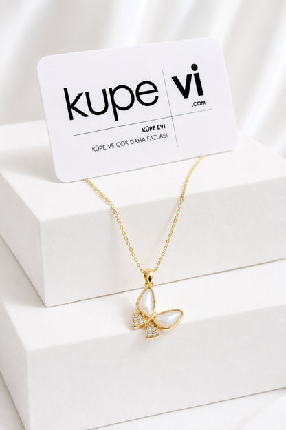 Kelebek Zirkon Taşlı Çelik Kolye - Gold - ürün görseli