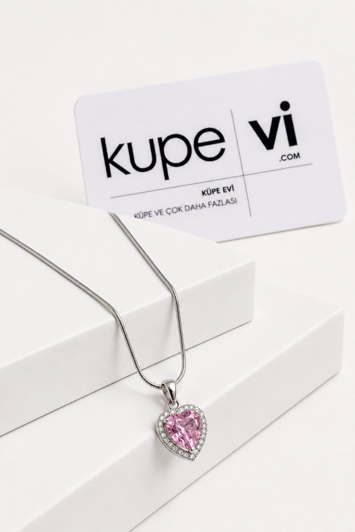 Pembe Kalp Zirkon Taşlı Paslanmaz Çelik Kadın Kolye - ürün görseli
