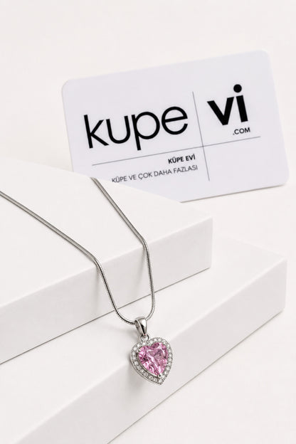Pembe Kalp Zirkon Taşlı Paslanmaz Çelik Kadın Kolye - ürün görseli