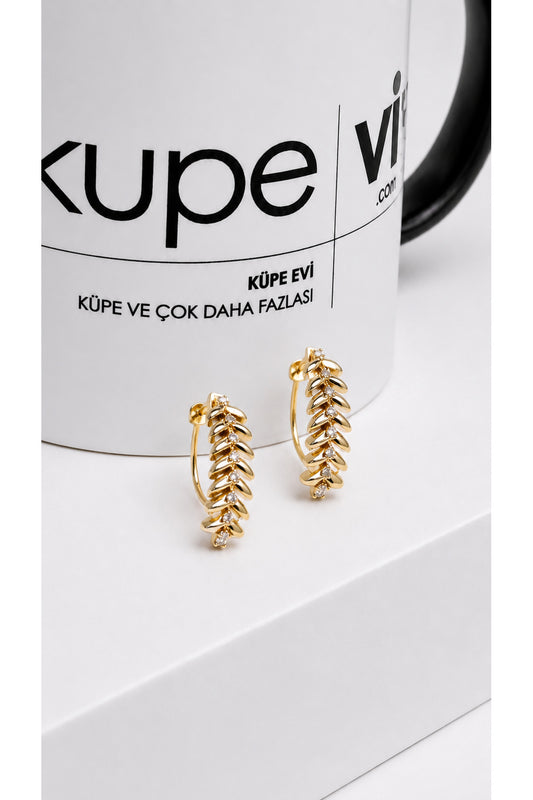 14 Ayar Altın Kaplama Yaprak Zirkon Taşlı Halka Kadın Küpe | Xuping | Aura Collection