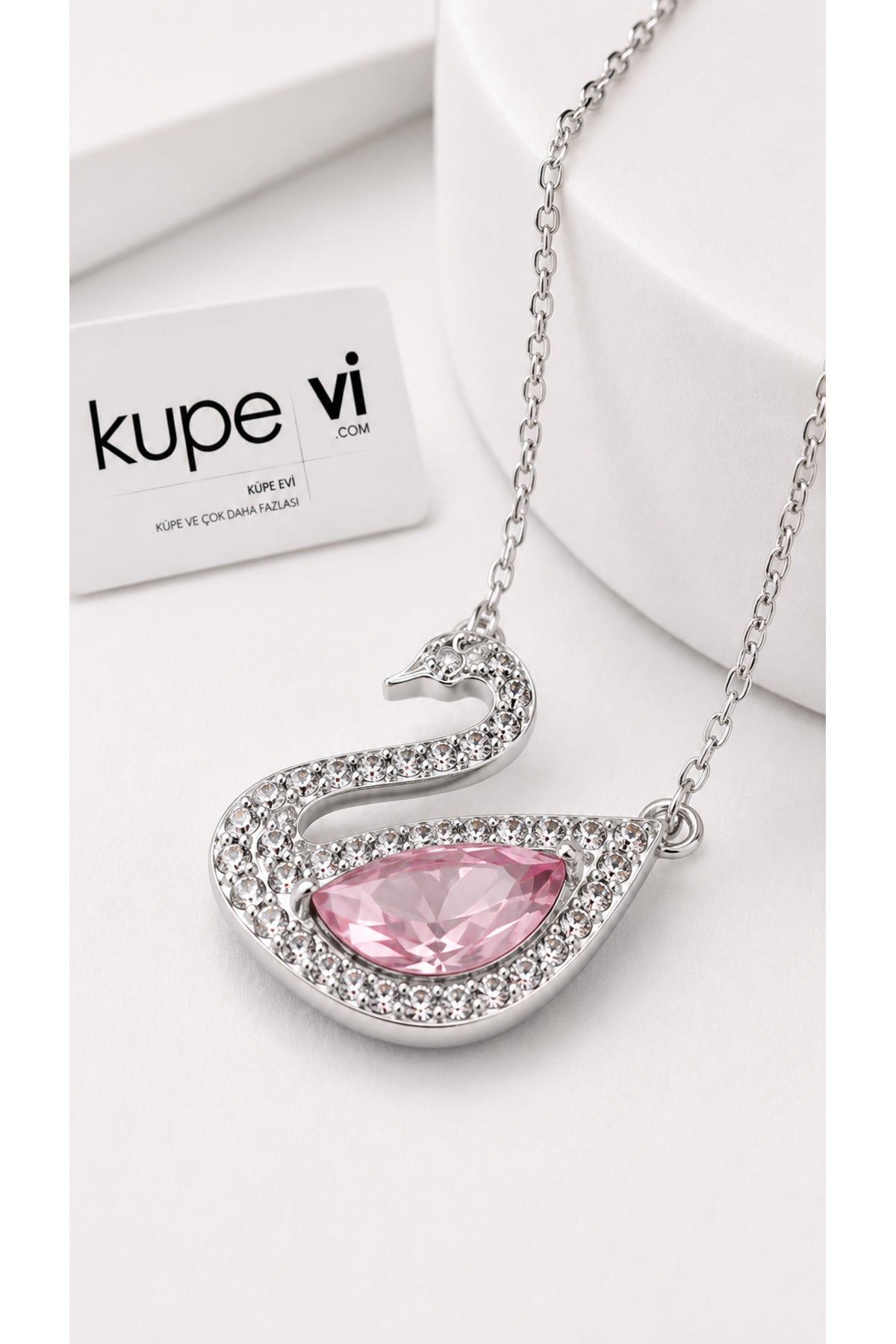 Kuğu Pembe Zirkon Taşlı Kolye - Gümüş - ürün görseli