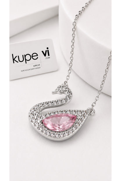 Kuğu Pembe Zirkon Taşlı Kolye - Gümüş - ürün görseli