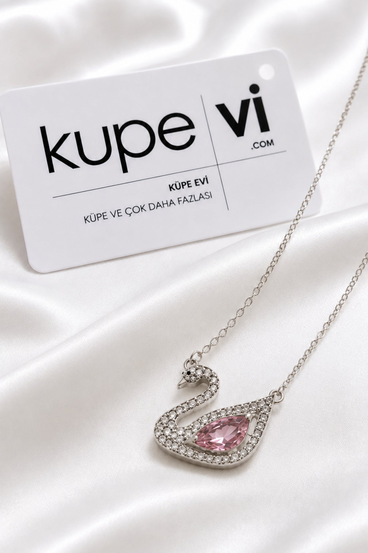 Kuğu Pembe Zirkon Taşlı Kolye - Gümüş - ürün görseli