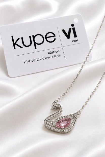 Kuğu Pembe Zirkon Taşlı Kolye - Gümüş - ürün görseli
