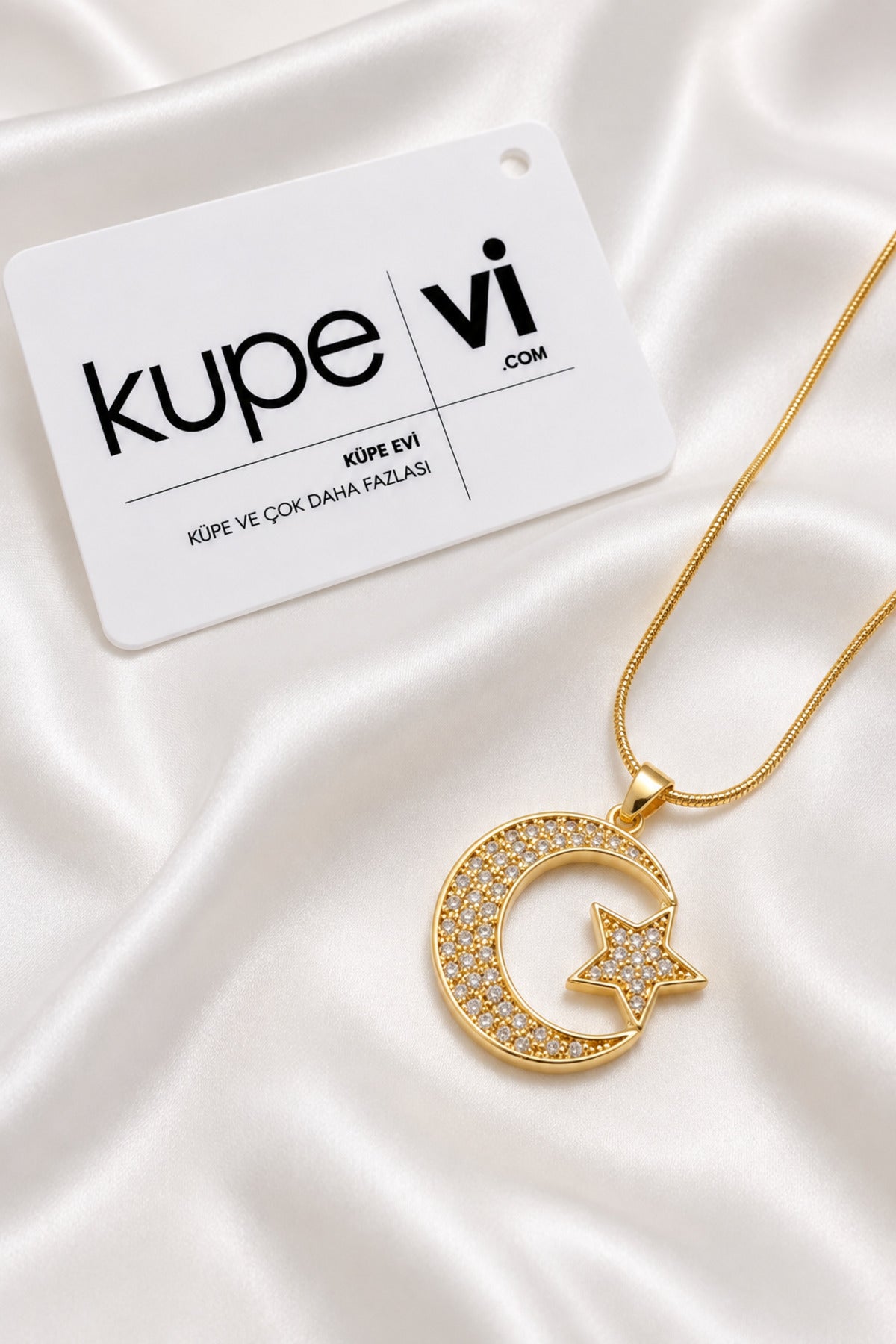 Ay Yıldız Zirkon Taşlı Çelik Kolye - Gold