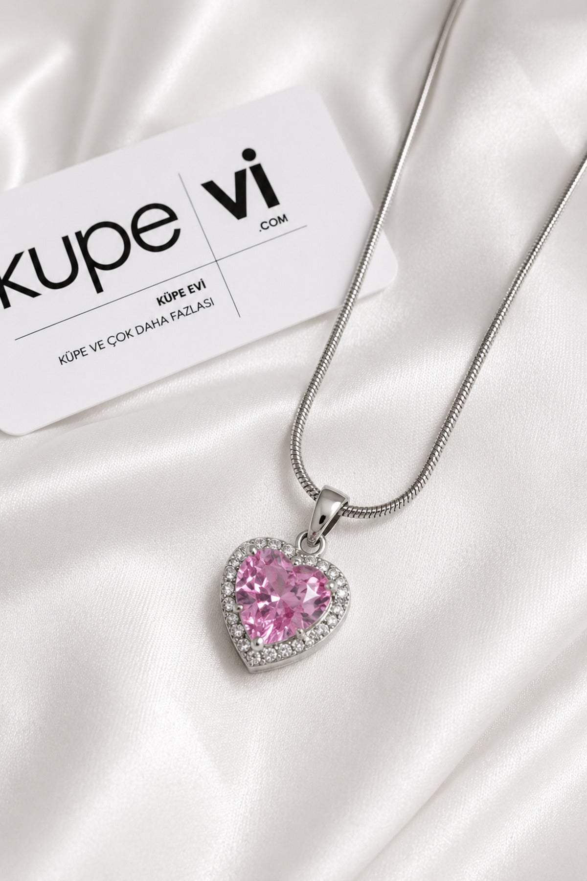 Pembe Kalp Zirkon Taşlı Paslanmaz Çelik Kadın Kolye - ürün görseli