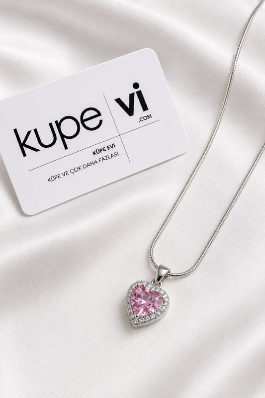 Pembe Kalp Zirkon Taşlı Paslanmaz Çelik Kadın Kolye