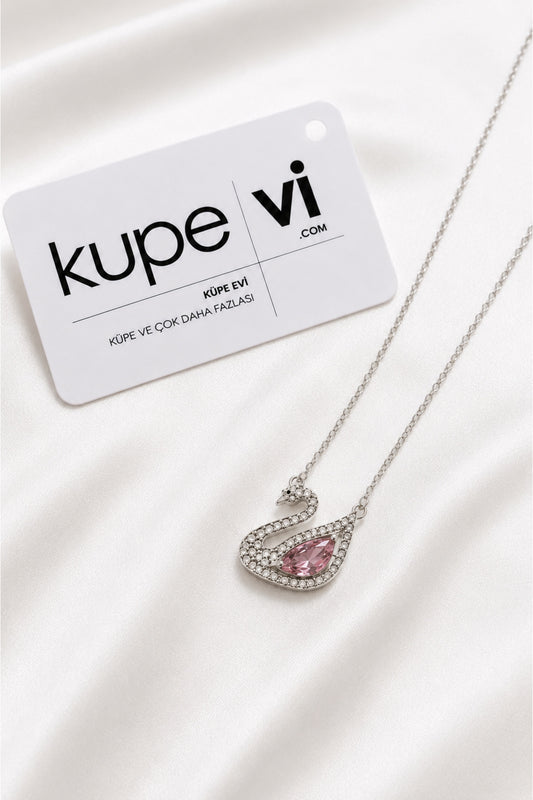 Kuğu Pembe Zirkon Taşlı Kolye - Gümüş